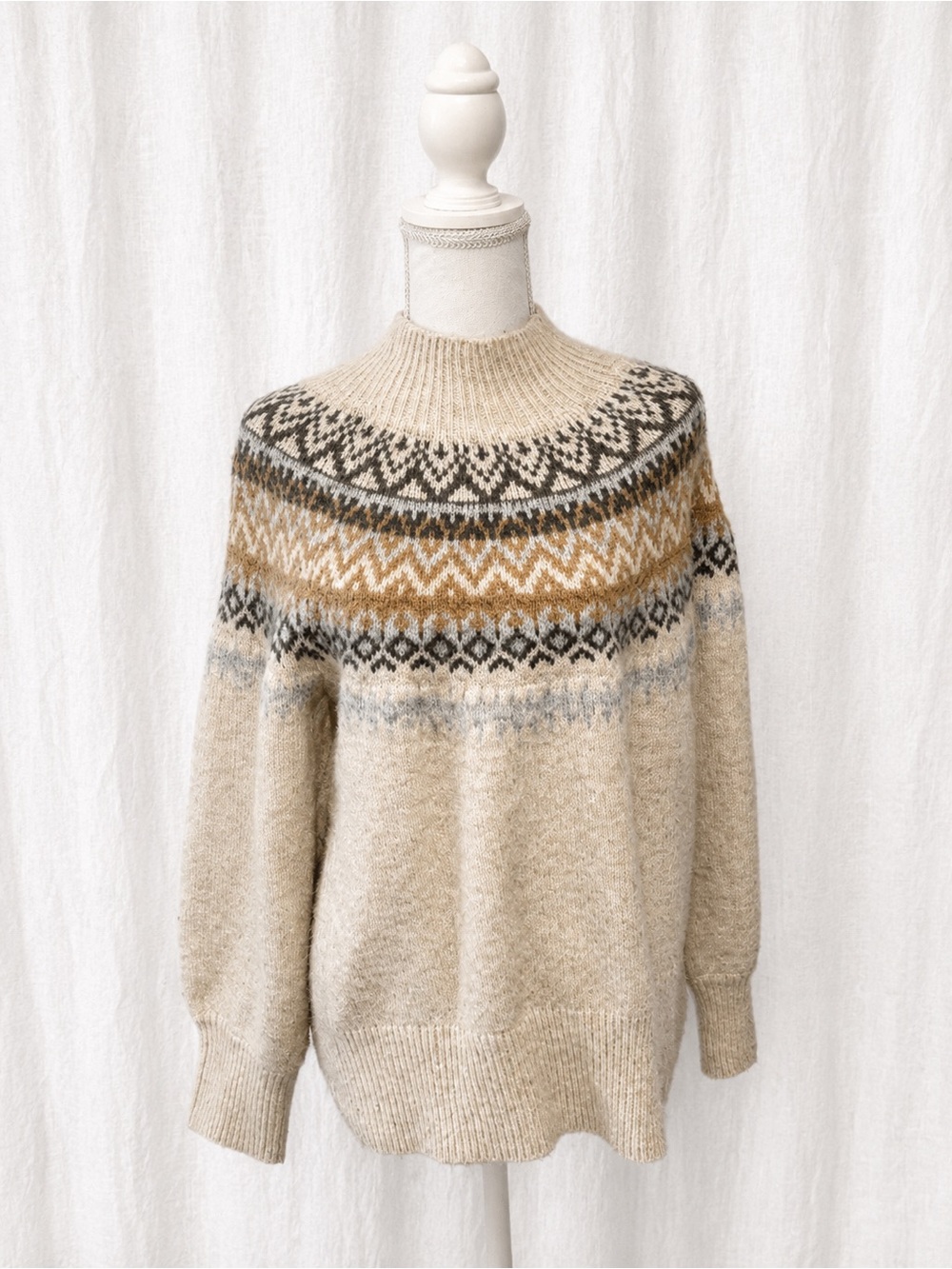 Neutral Fair Isle Yoke Knit Sweater in Beige and Mustard Accent